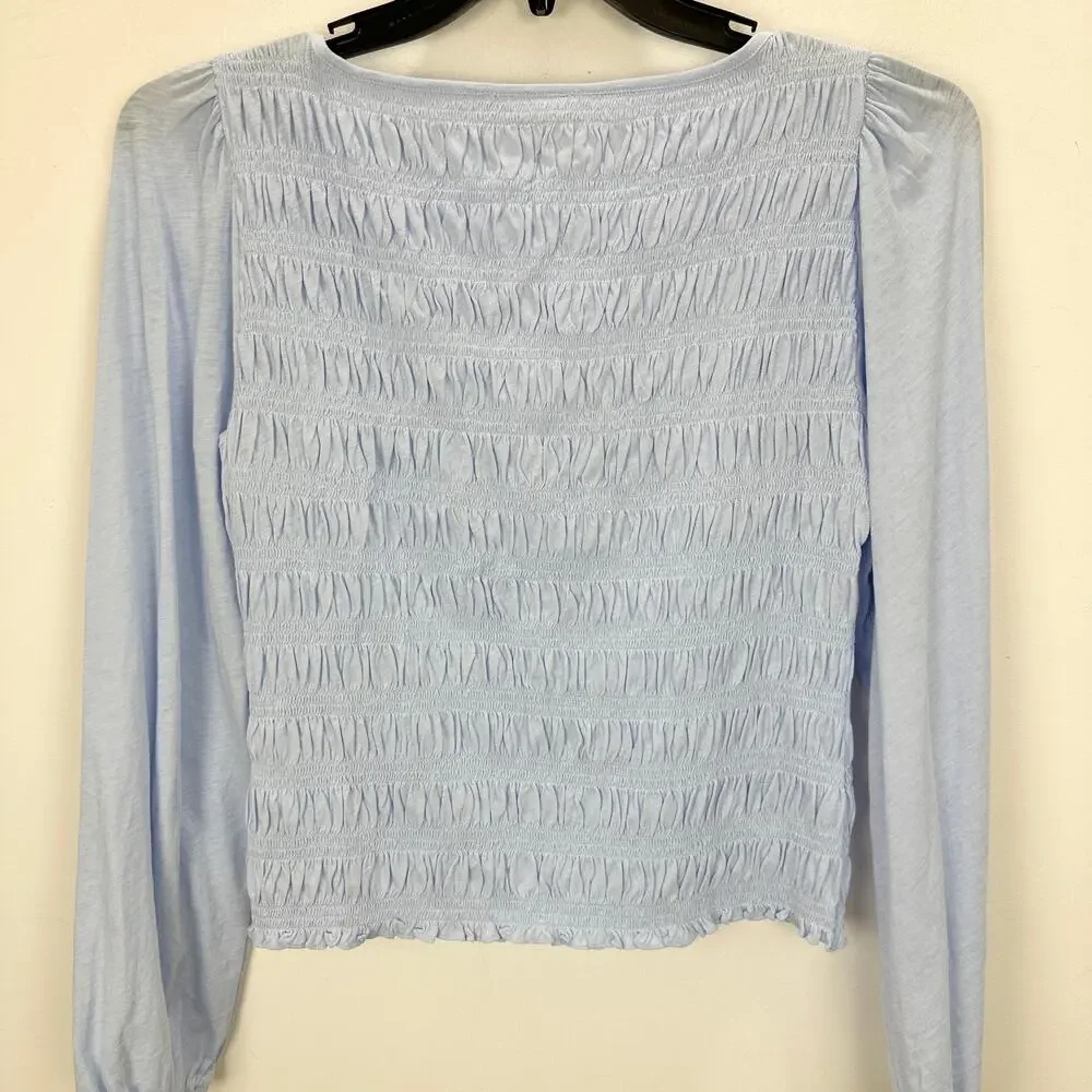Madewell Smocked Boatneck Top Light Blue Cotton Long Puff Sleeve Stretch M NWT